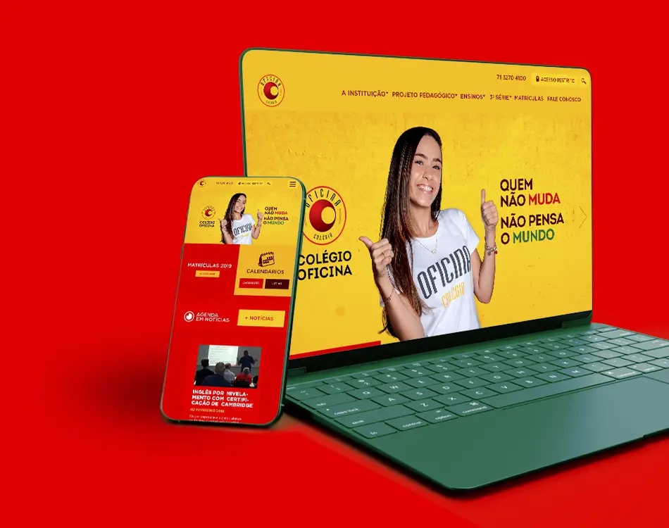 Imagem do site moderno do Colégio Oficina com fundo vermelho, destacando o design responsivo e intuitivo.