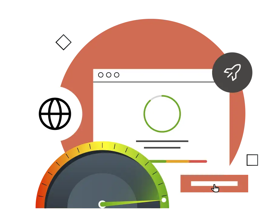 Ilustração de ícones de sites velozes, incluindo um velocímetro, foguete e barra de progresso do Pageseed, simbolizando desempenho e otimização.